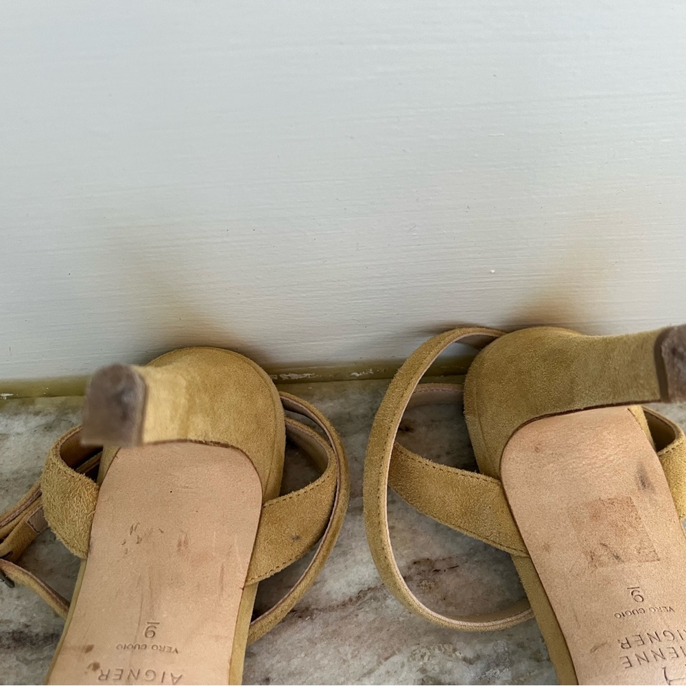 Yellow Honey Suede Leather MARTANA Etienne Aigner Ankle Wrap Heeled Sandals Sz 9 - Picture 4 of 9
